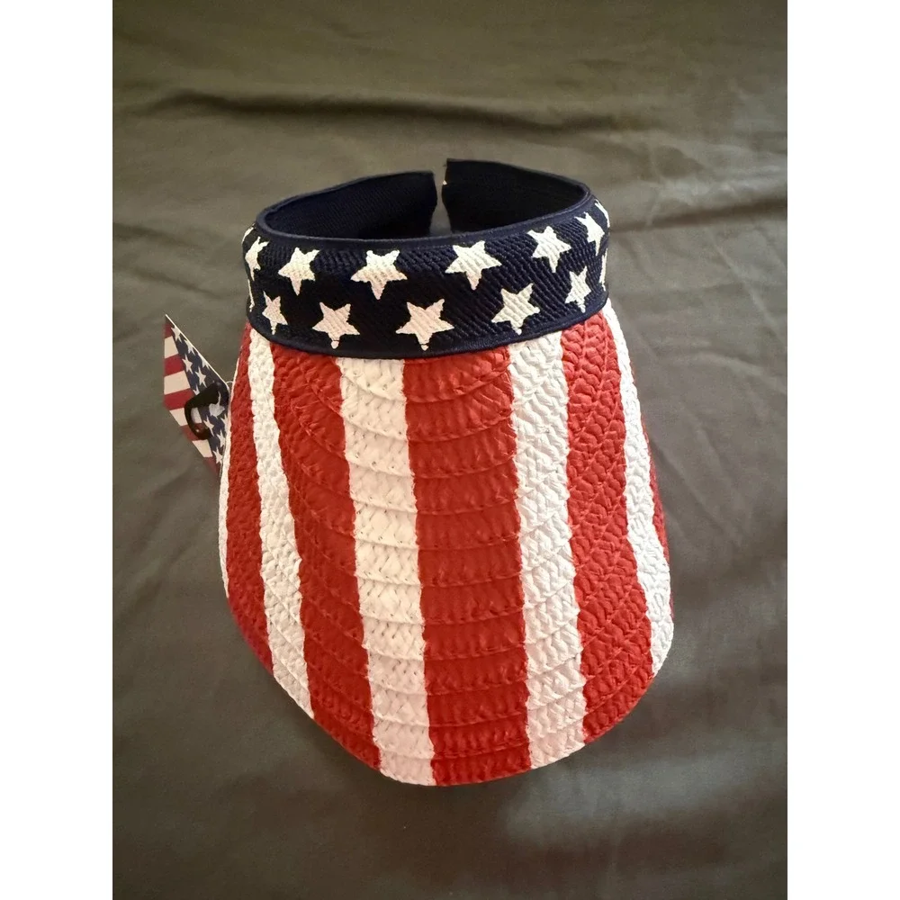 Patriotic American Flag Straw Sun Visor Hat Stars Stripes Red White Blue New